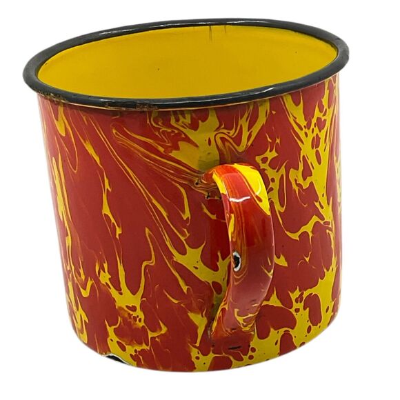 Orange Yellow Swirl Splatterware Graniteware Coffee Cup Enamel Mug Retro Kitchen - Picture 2 of 8